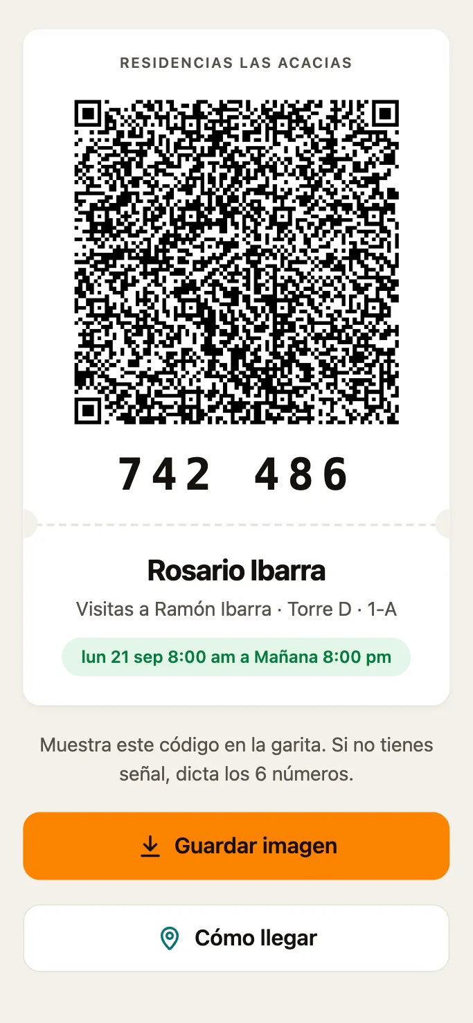 El pase del visitante con su QR y su código de 6 números